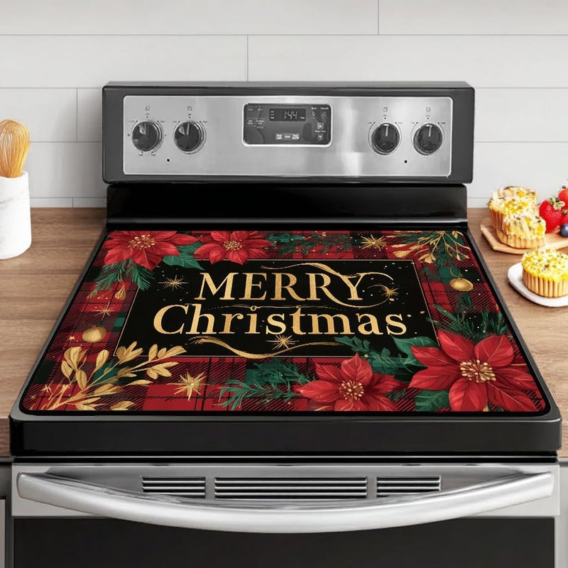 WRTCPOC Christmas Poinsettia Glass Stove Top Cover Protector – Merry Christmas Glass Cooktop Protector,Xmas Cooktop Mat for Ceramic Countertop Mats Electric Stove Cover Festive Decor - Image 1